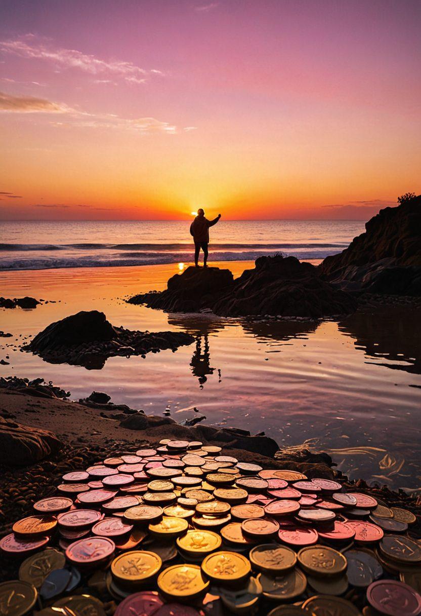 A calm sea at sunset symbolizing stability and growth, with a compass and a stack of coins in the foreground representing investment direction. In the background, silhouettes of diverse people discussing and pointing towards a bright horizon, reflecting hope and teamwork. The scene should evoke a sense of guidance and future prosperity. super-realistic. vibrant colors. warm tones.