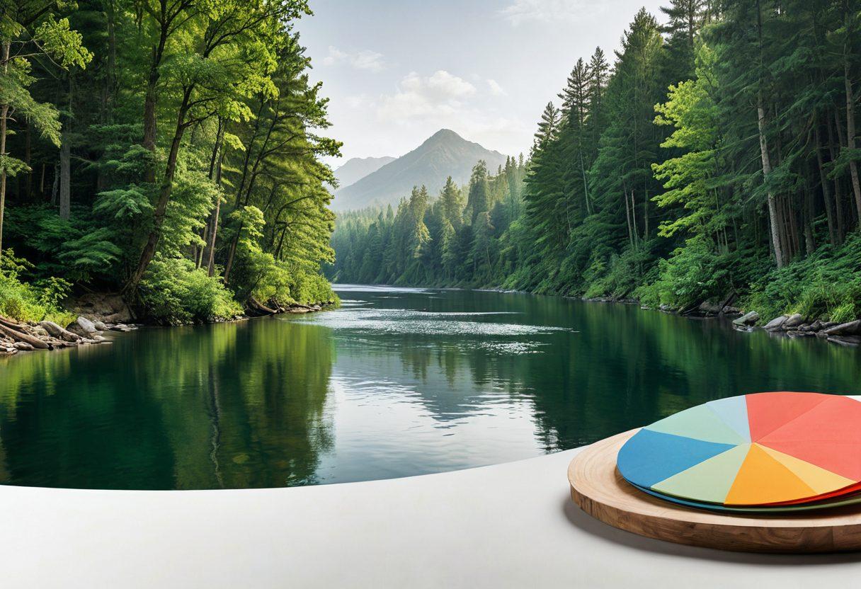 A visually striking collage featuring a diverse array of mutual fund graphs, pie charts, and investment symbols, intertwined with imagery of nature's diversity like a vibrant forest and a flowing river. The background showcases a calm office environment, symbolizing strategic planning. Include elements of risk management such as a safety net and a shield. The color palette should be rich and engaging, emphasizing both stability and growth. super-realistic. vibrant colors. white background.